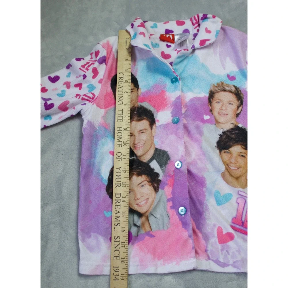 One Direction 1D White Pajama Top Fleece Button Up Heart All Over Print Sz 10/12